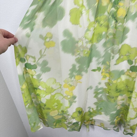 DKNY Women's Size 12 Green Yellow Floral Sheer Overlay V Neck Midi Dress Wedding - Picture 7 of 11